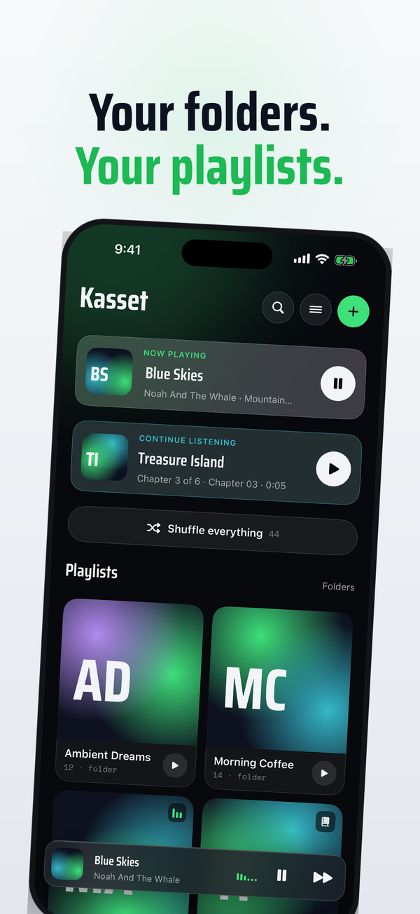 Tes dossiers, tes playlists : l'écran d'accueil de Kasset avec des playlists faites de dossiers et un livre à reprendre