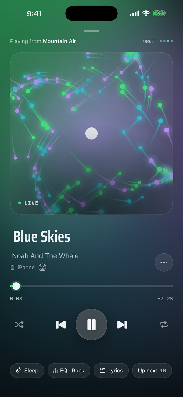 L'écran de lecture de Kasset : la visualisation Orbit bouge avec Blue Skies de Noah And The Whale